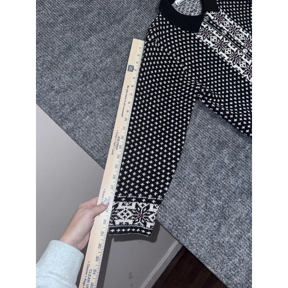 Y2K Capacity Fair Isle Collared Button Cardigan Sweater Black White Red M - Picture 13 of 13